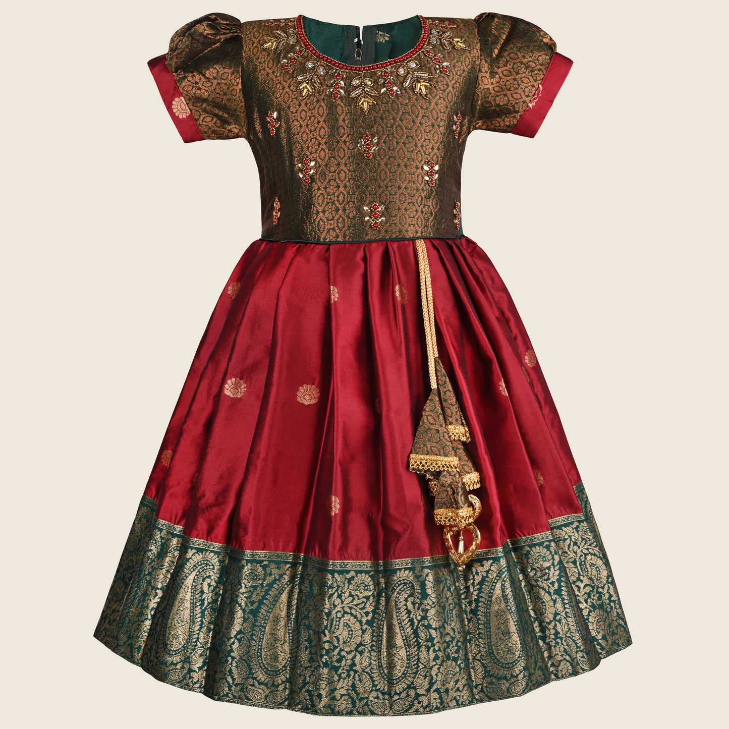 Girls Embellished Woven Zari Puff Sleeve Silk Ethnic Dress