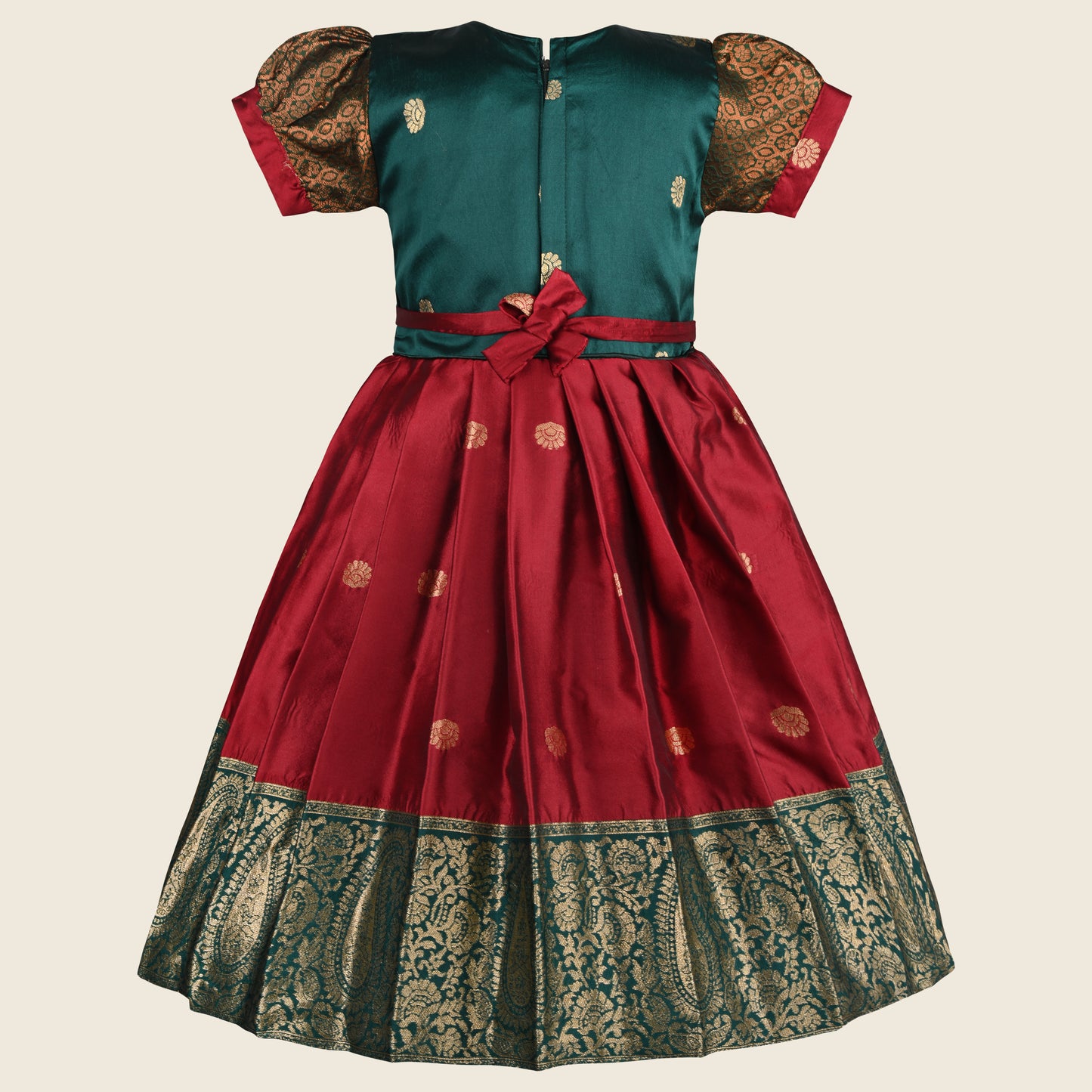 Girls Embellished Woven Zari Puff Sleeve Silk Ethnic Dress