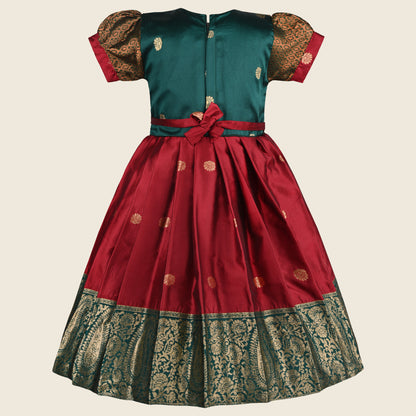 Girls Embellished Woven Zari Puff Sleeve Silk Ethnic Dress