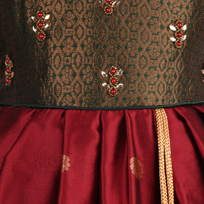 Girls Embellished Woven Zari Puff Sleeve Silk Ethnic Dress
