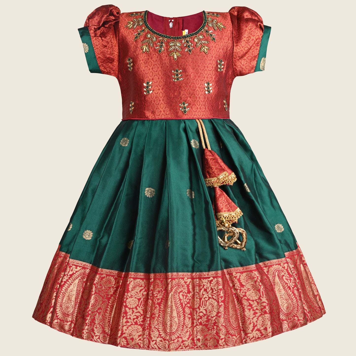 Girls Embellished Woven Zari Puff Sleeve Silk Ethnic Dress