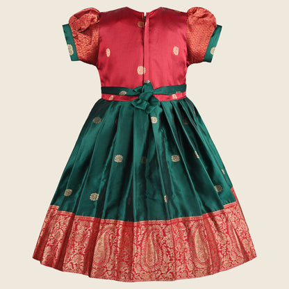 Girls Embellished Woven Zari Puff Sleeve Silk Ethnic Dress