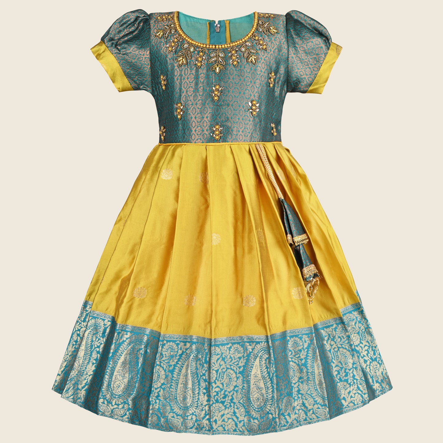 Girls Embellished Woven Zari Puff Sleeve Silk Ethnic Dress
