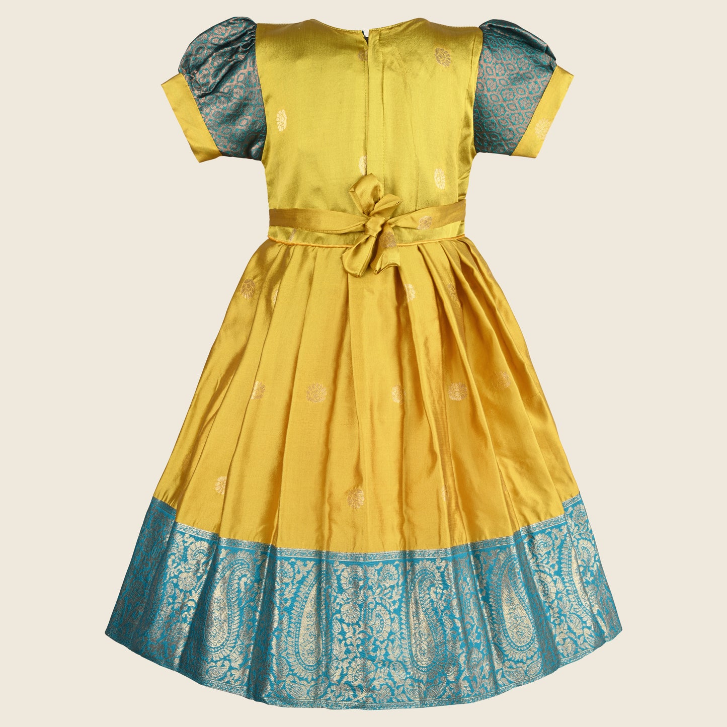 Girls Embellished Woven Zari Puff Sleeve Silk Ethnic Dress