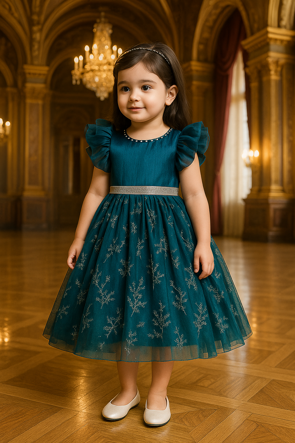 Girls Studded Balloon Sleeve Glitter Floral Party Dress