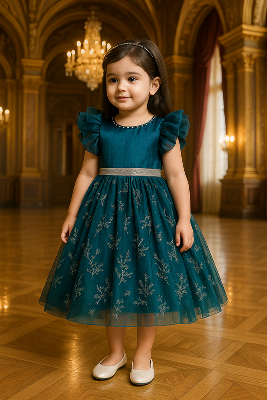 Girls Studded Balloon Sleeve Glitter Floral Party Dress
