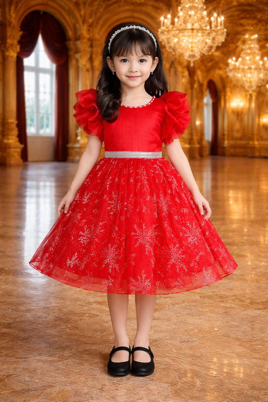 Girls Studded Balloon Sleeve Glitter Floral Party Dress