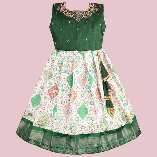 Girls Embellished Printed Ethnic Dress With waist Tassels