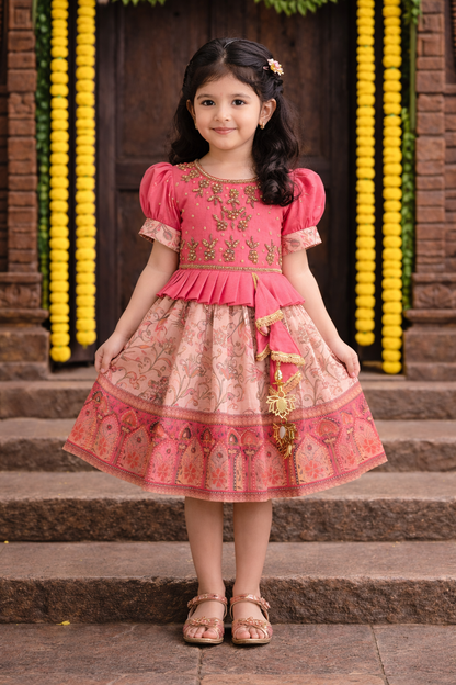 Girls Floral Art Silk with Puff Sleeves & Bead Work Festive Dress