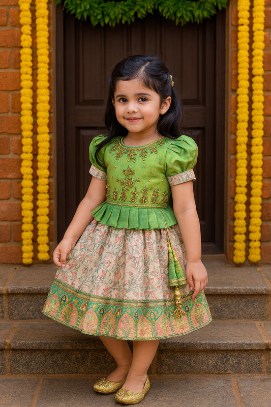 Girls Floral Art Silk with Puff Sleeves & Bead Work Festive Dress