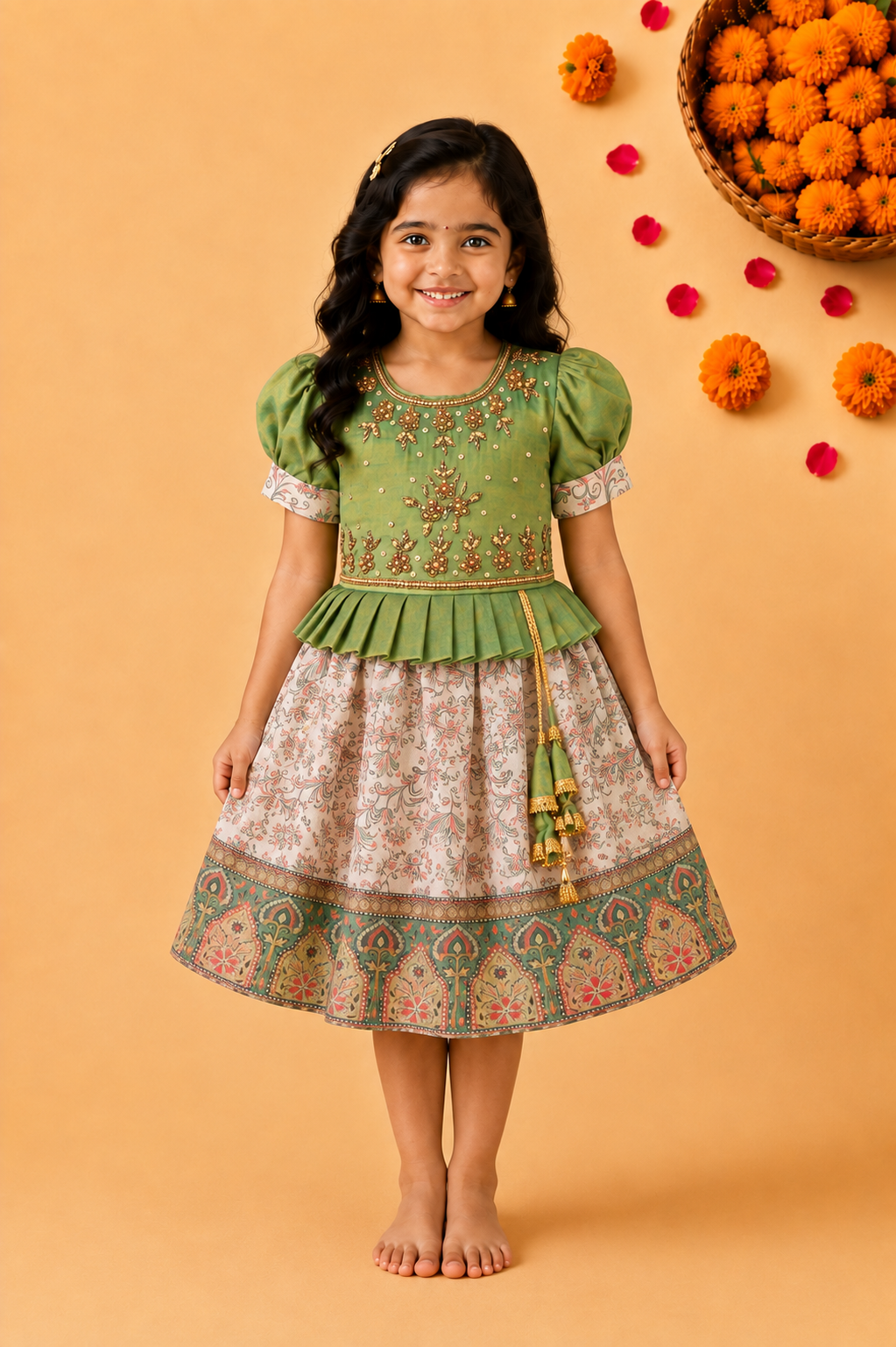 Girls Floral Art Silk with Puff Sleeves & Bead Work Festive Dress (Copy)