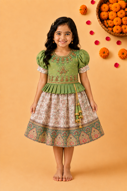 Girls Floral Art Silk with Puff Sleeves & Bead Work Festive Dress (Copy)