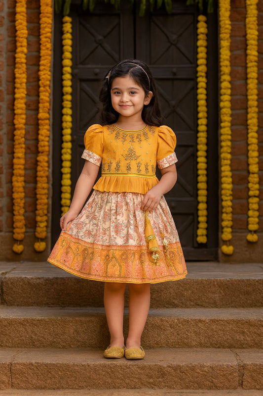 Girls Floral Art Silk with Puff Sleeves & Bead Work Festive Dress