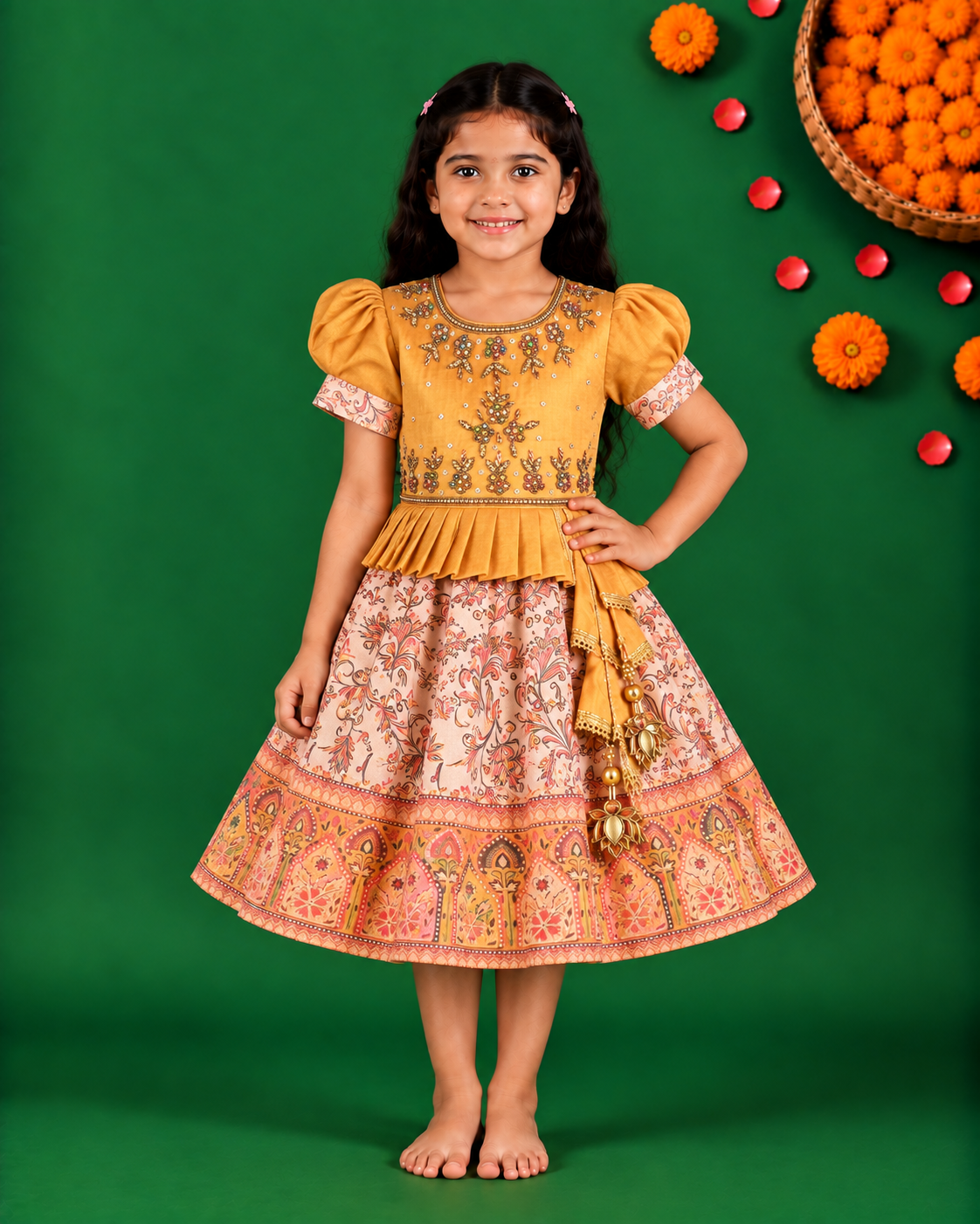 Girls Floral Art Silk with Puff Sleeves & Bead Work Festive Dress (Copy)