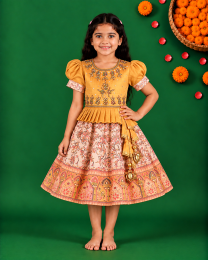 Girls Floral Art Silk with Puff Sleeves & Bead Work Festive Dress (Copy)