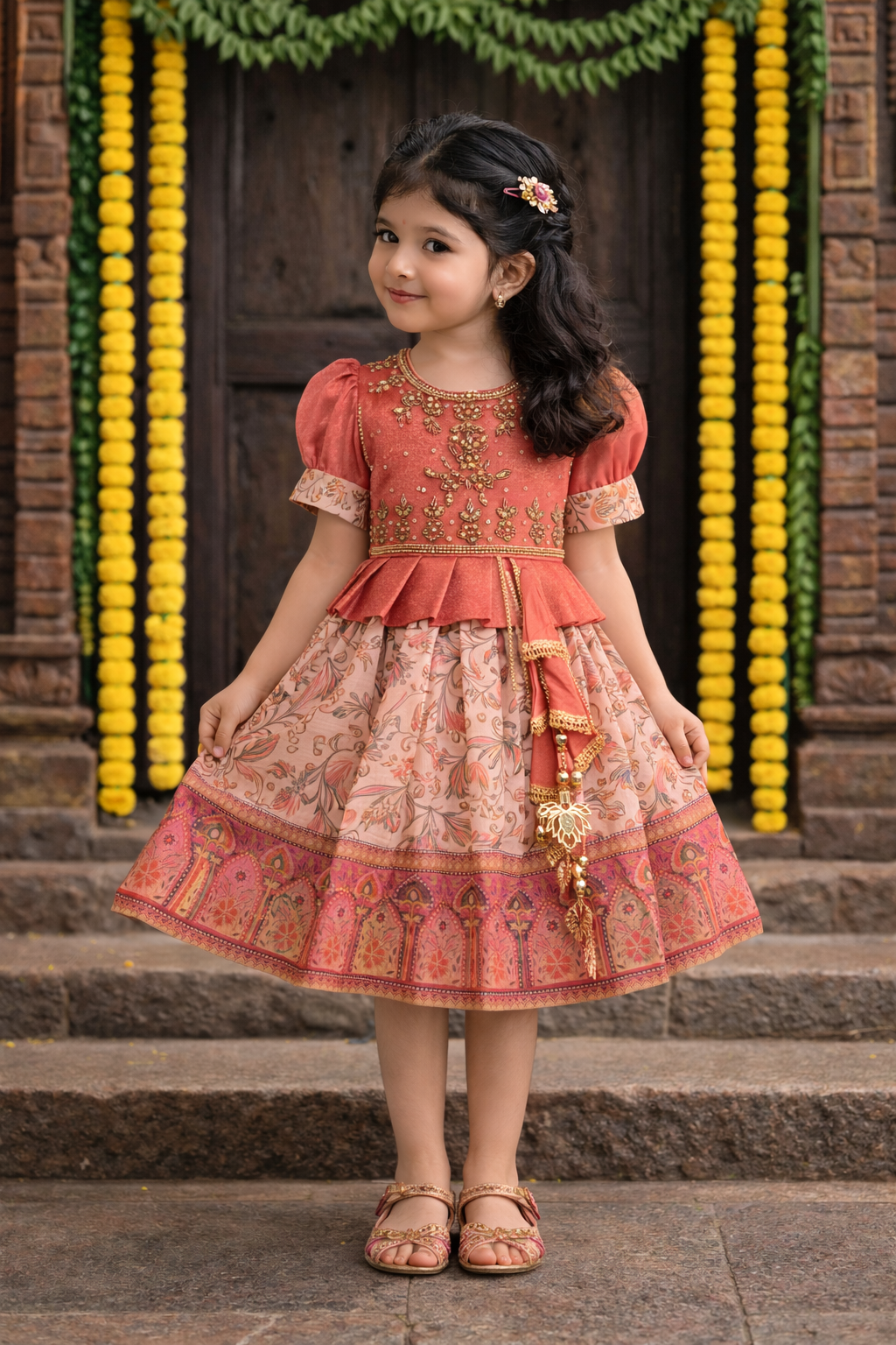 Girls Floral Art Silk with Puff Sleeves & Bead Work Festive Dress