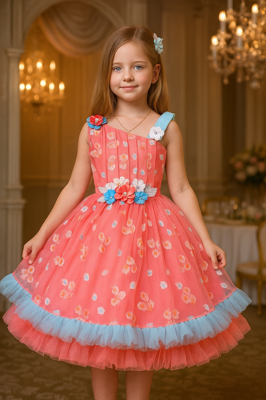 Girls Floral Net Flared Party Dress with Glitter Work