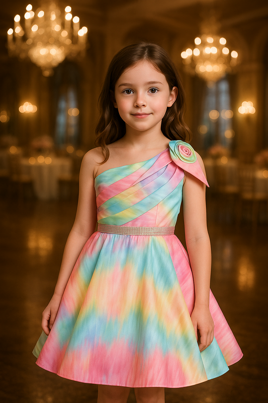 Girls Floral Print Flared Party Dress with Pleated Detailing