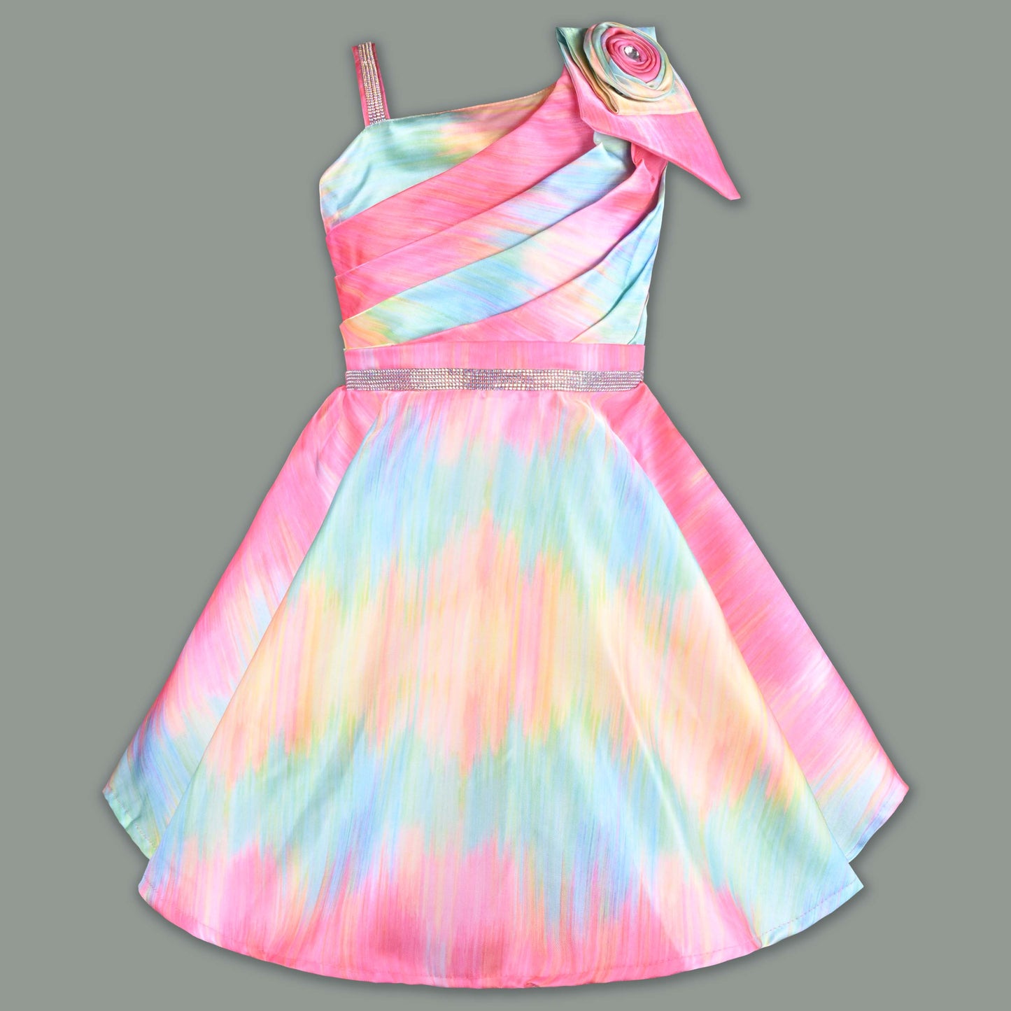 Girls Floral Print Flared Party Dress with Pleated Detailing