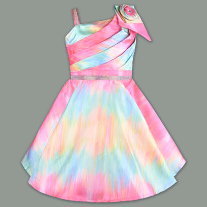 Girls Floral Print Flared Party Dress with Pleated Detailing