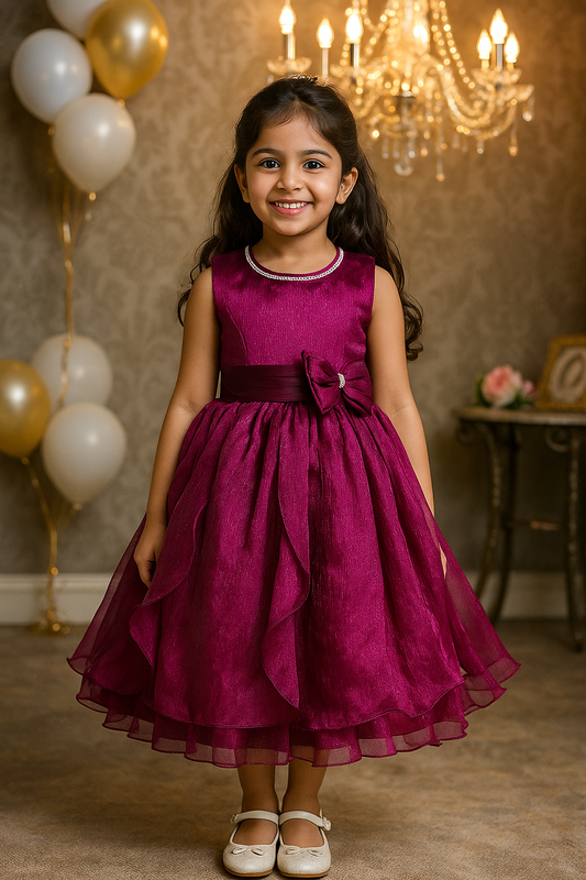 Girls Layered Party Dress with Bow & Rhinestone Neck
