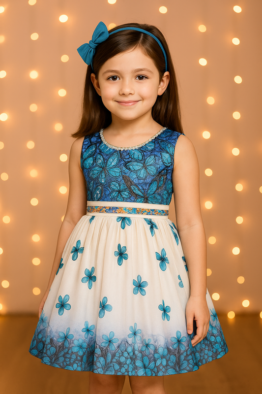 Girls Floral Print Bead Embellished Flared Party Dress
