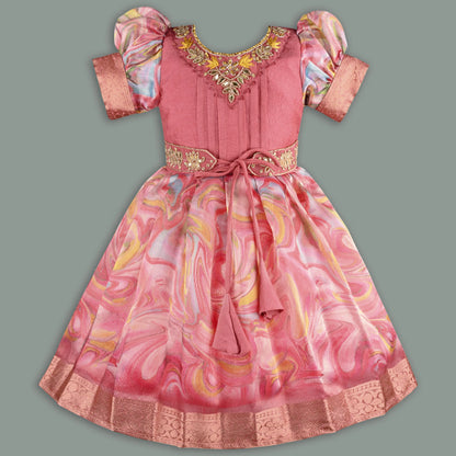 Girls Floral Bead Embellished Puff Sleeve Ethnic Dress