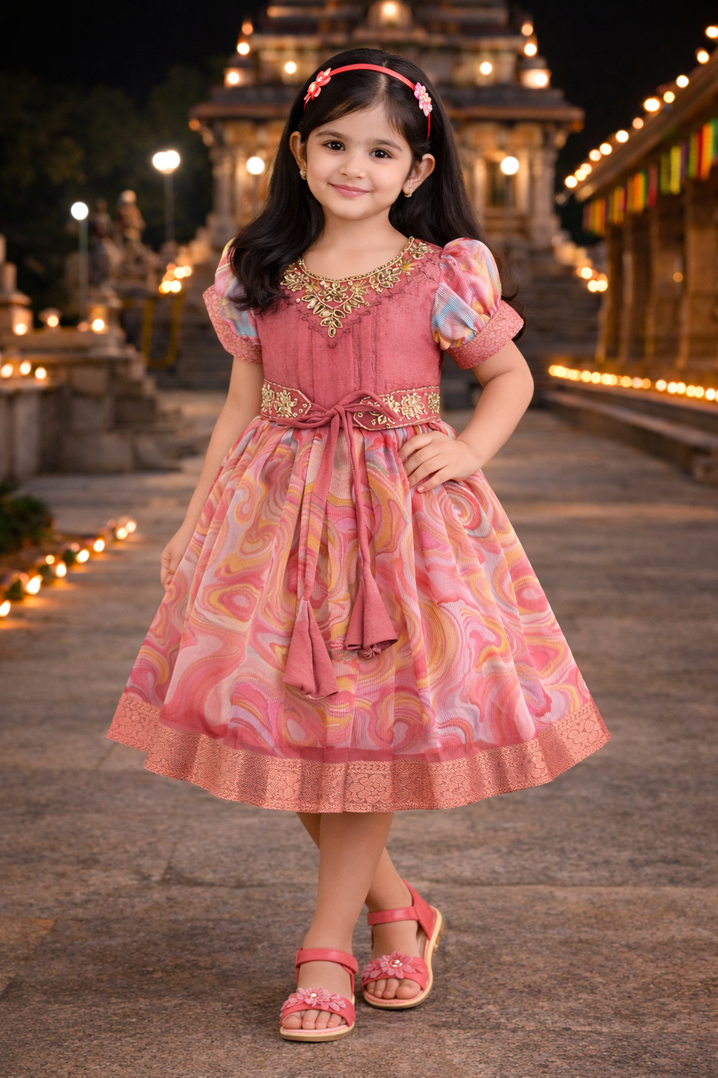 Girls Floral Bead Embellished Puff Sleeve Ethnic Dress