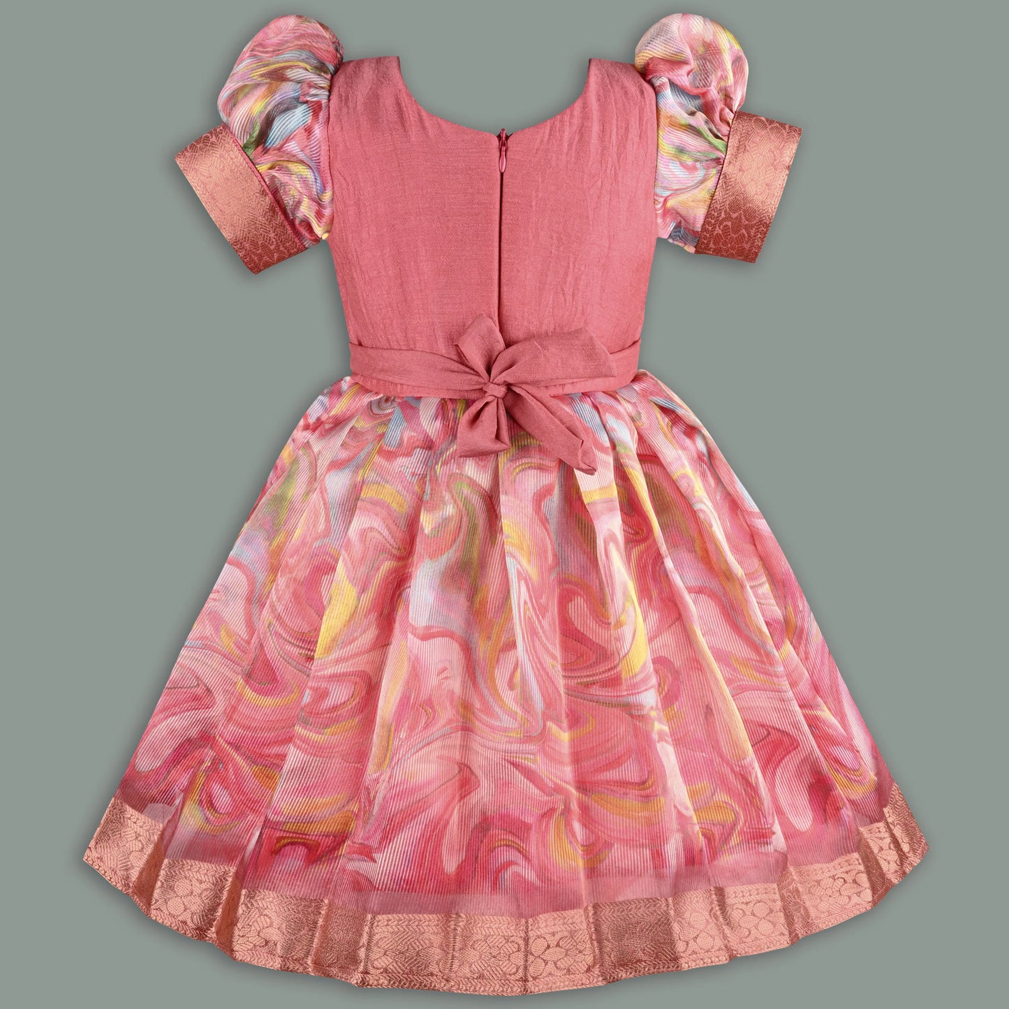 Girls Floral Bead Embellished Puff Sleeve Ethnic Dress