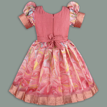 Girls Floral Bead Embellished Puff Sleeve Ethnic Dress