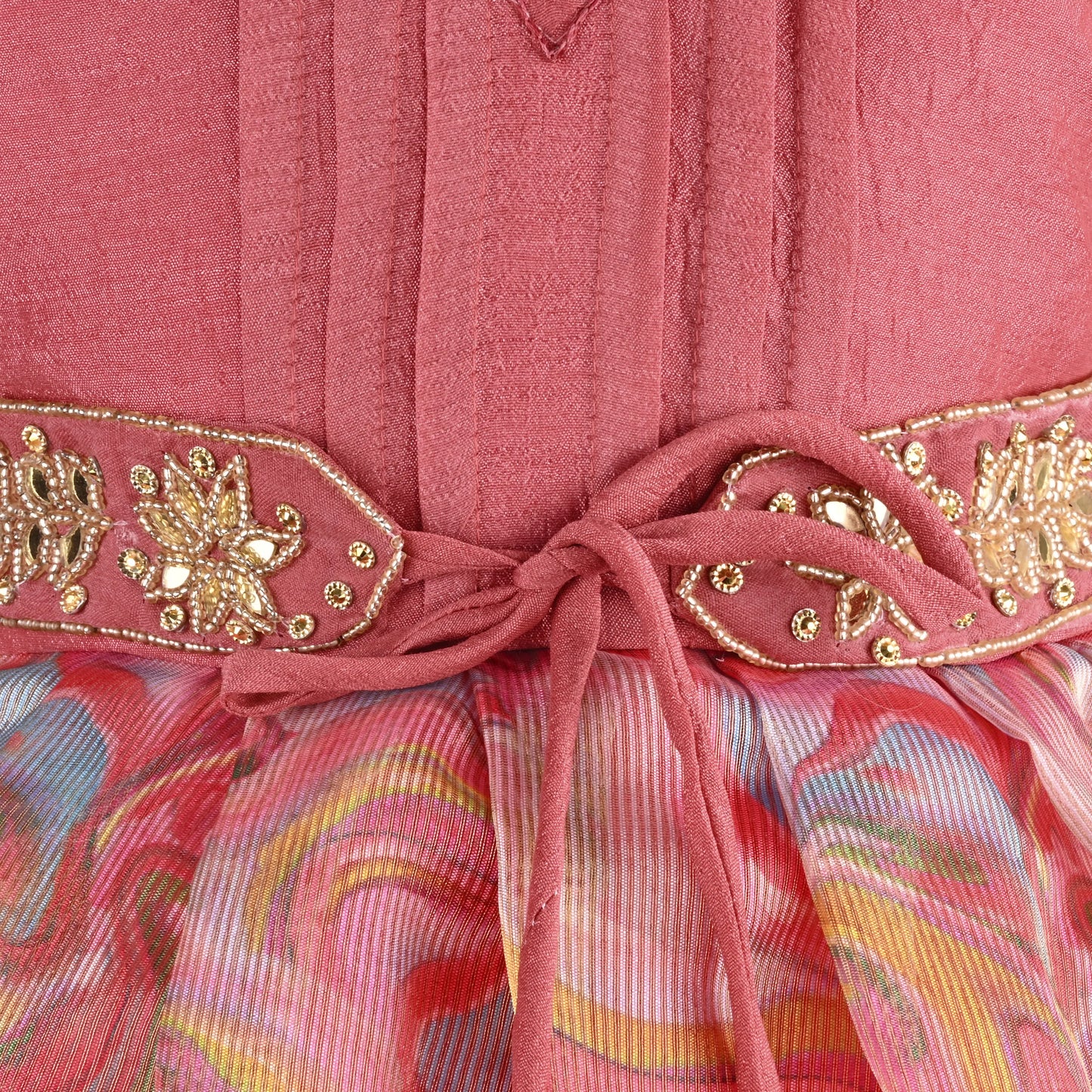 Girls Floral Bead Embellished Puff Sleeve Ethnic Dress