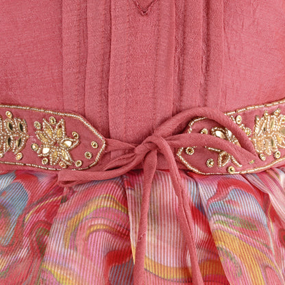 Girls Floral Bead Embellished Puff Sleeve Ethnic Dress