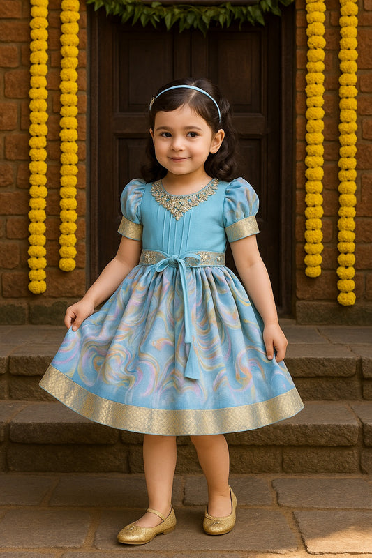Girls Floral Bead Embellished Puff Sleeve Ethnic Dress