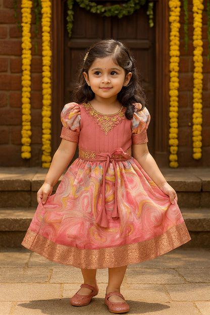 Girls Floral Bead Embellished Puff Sleeve Ethnic Dress