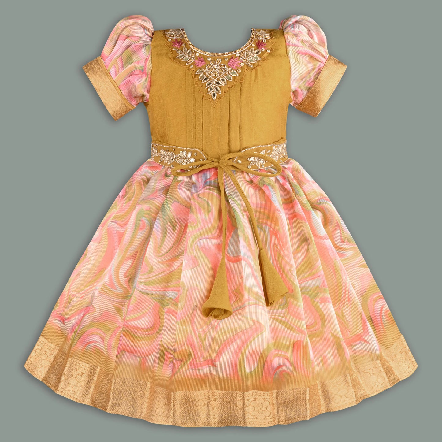 Girls Floral Bead Embellished Puff Sleeve Ethnic Dress