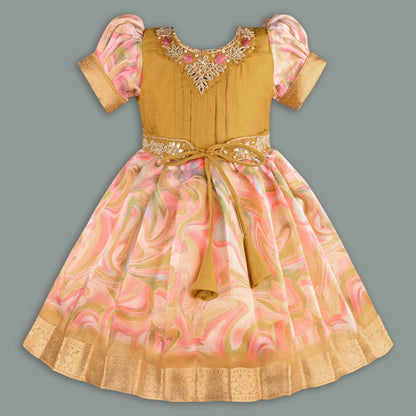 Girls Floral Bead Embellished Puff Sleeve Ethnic Dress