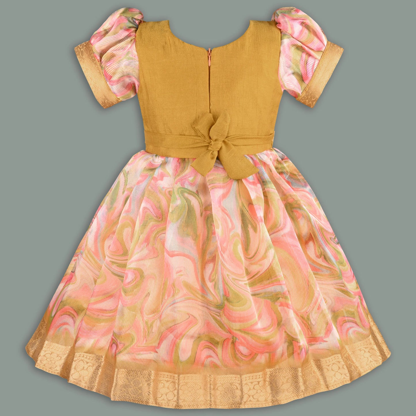 Girls Floral Bead Embellished Puff Sleeve Ethnic Dress