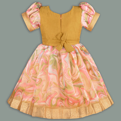 Girls Floral Bead Embellished Puff Sleeve Ethnic Dress