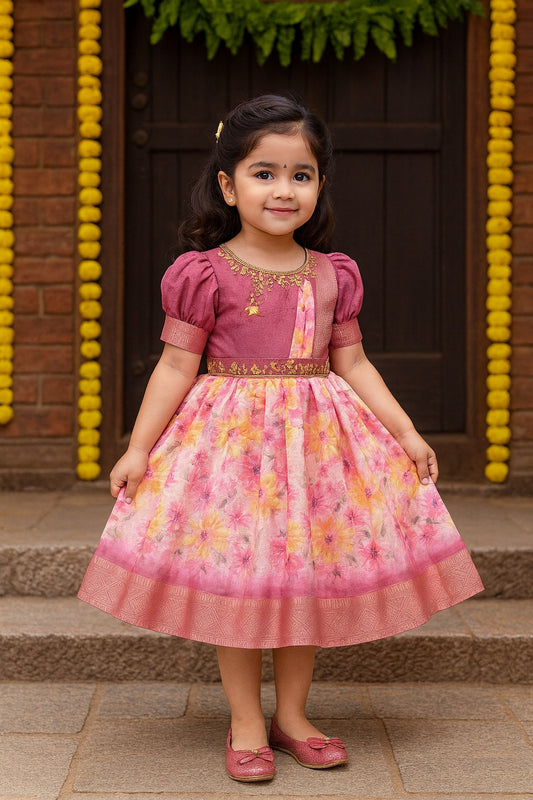 Girls Floral Print Bead Embellished Stylish Ethnic Dress