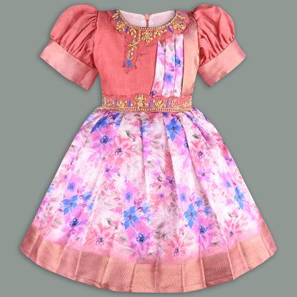 Girls Floral Print Bead Embellished Stylish Ethnic Dress
