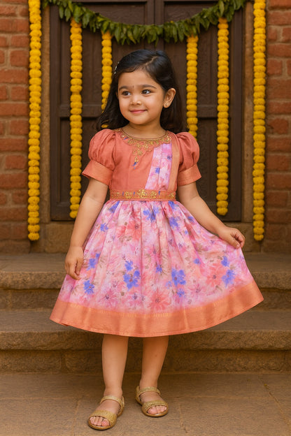 Girls Floral Print Bead Embellished Stylish Ethnic Dress