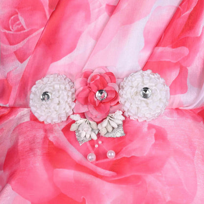 Girls Pink Floral Printed Satin Party Wear Dress with Layered Flare & Floral Waist Embellishment