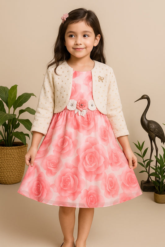 Pink Rose Print Satin Frock with Cream Fur Jacket for Girls – Full Sleeves, Winter Party Wear