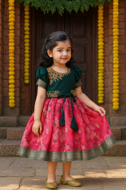 Girls Bead Embellished Floral Zari Ethnic Dress fep3529