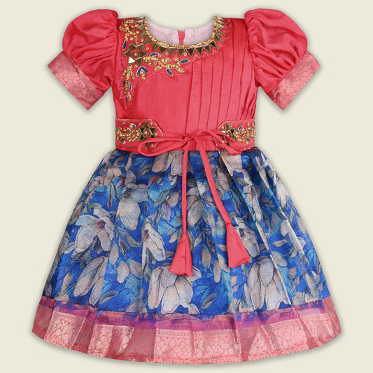 Girls Bead Embellished Floral Zari Ethnic Dress fep3529