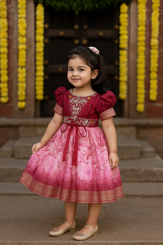 Girls Bead Embellished Floral Zari Ethnic Dress fep3530