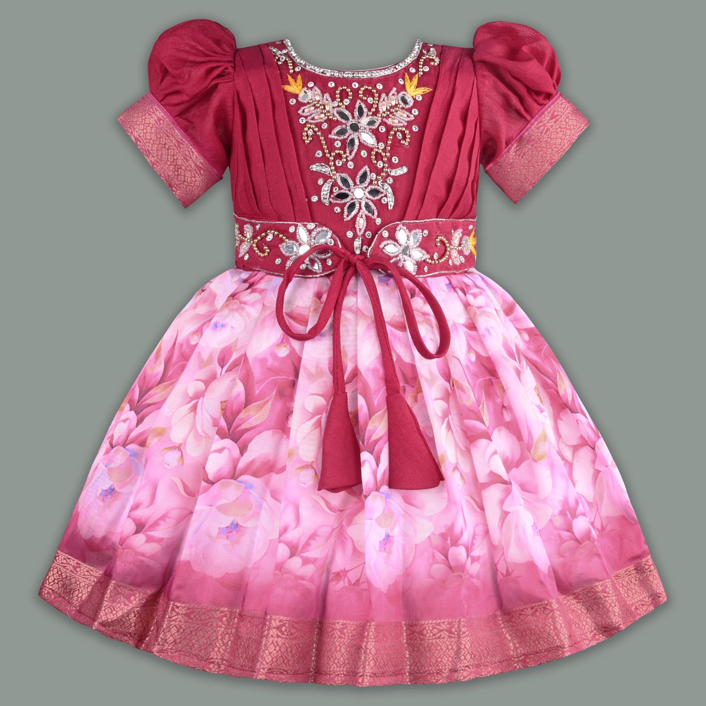 Girls Bead Embellished Floral Zari Ethnic Dress fep3530