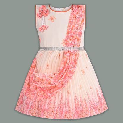 Girls Floral Party Dress with Attached Dupatta Style