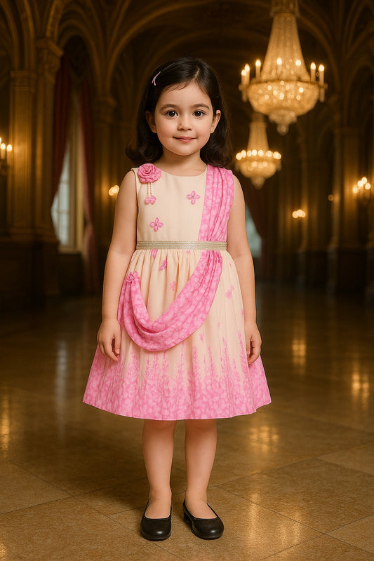 Girls Floral Party Dress with Attached Dupatta Style