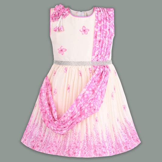 Girls Floral Party Dress with Attached Dupatta Style